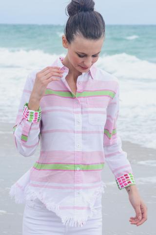 Sun Valley Blouse in Pink and Green stripes by Dizzie Lizzie