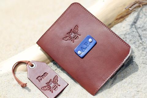 Leather Passport Wallet and a Luggage Tag set, Honey Bee