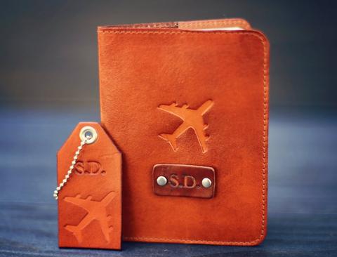 Leather Passport Cover and a Luggage Tag set, Airplane