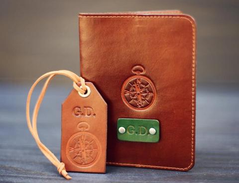 Leather Passport Cover and a Luggage Tag set, Compass