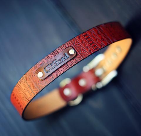 Personalized Leather Dog Collar, 1 1/4" Aztec pattern