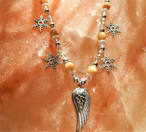 Agate and Crystal Beaded Necklace with Angel Wings and Snowflakes