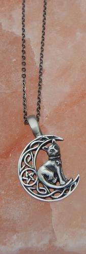 Familiar Cat Sitting on Crescent Moon Pendant with 17 inch Pewter Chain