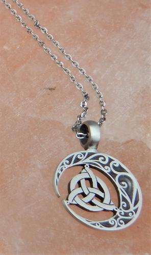 Celtic Knot and Crescent Moon on a 16 inch Silvered Chain
