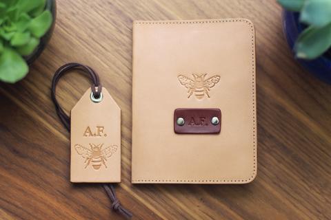 Leather Passport Cover and a Luggage Tag set, Honey Bee