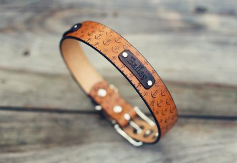 Personalized Leather Dog Collar, 1 1/4" Anchor pattern