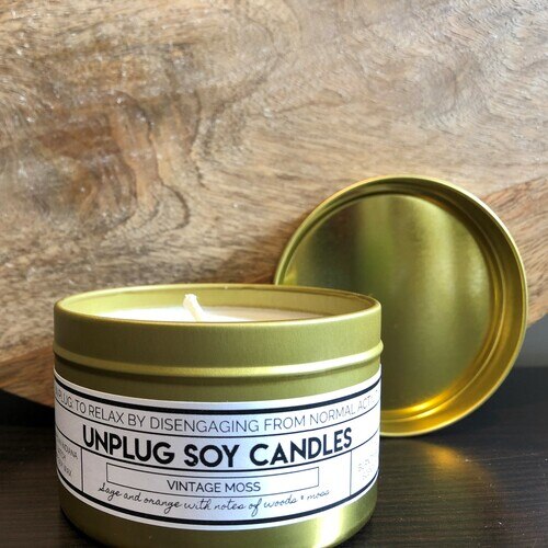 UNPLUG SOY CANDLES GOLD TIN VINTAGE MOSS