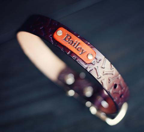 Personalized Leather Dog Collar, Bones pattern