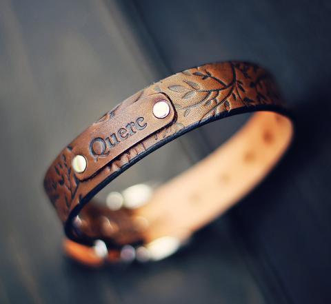 Personalized Leather Dog Collar, Branches pattern