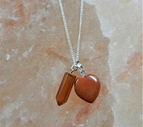 Carnelian Heart and Crystal on 16 inch Silver Chain