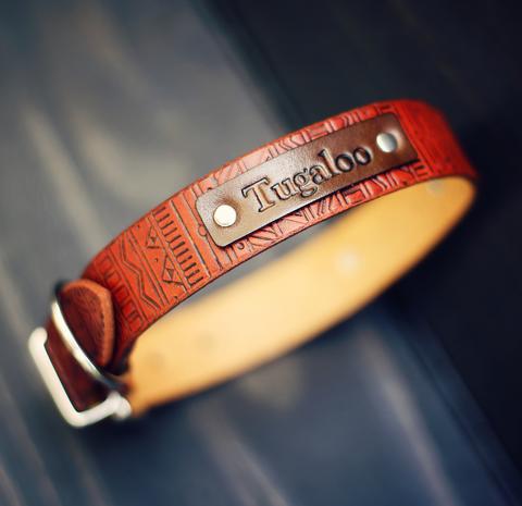 Personalized Leather Dog Collar, Aztec pattern