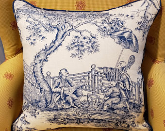 Blue and White Toile Linen Pillow, Chinoiserie Pillow, Christmas, Black Friday