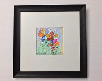 Flower Art, Original Watercolor, Pen & Ink, Illustration, Framed, 12 x 12 - NEW LISTING!