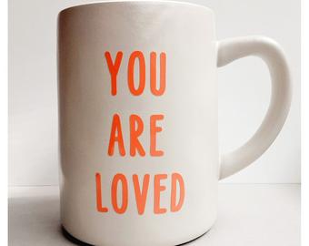 Stoneware Coffee Mug | Tea Mug | Mug with Vinyl Lettering | You are Beautiful Mug | You are loved Mug | Glass Drinking Jar | Black Mug
