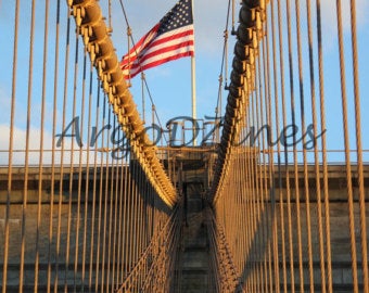 Street Photography, USA, Flag Art, Argodzines,Urban Photography, Architectural Photo, Bridge Art, Brooklyn Bridge, New York, Patriotic Decor