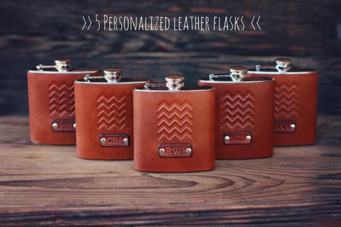 5 Custom Leather Flasks set, Chevron