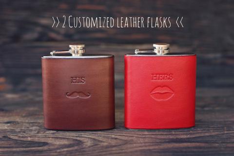 2 Custom Leather Flasks, initials, name