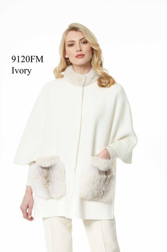 White Cashmere and Wool Double Faced Cape Coat with Fox and Mink by Diomi