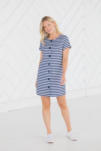 STRIPE JACQUARD BUTTON FRONT DRESS in navy/ white by Sail to Sable