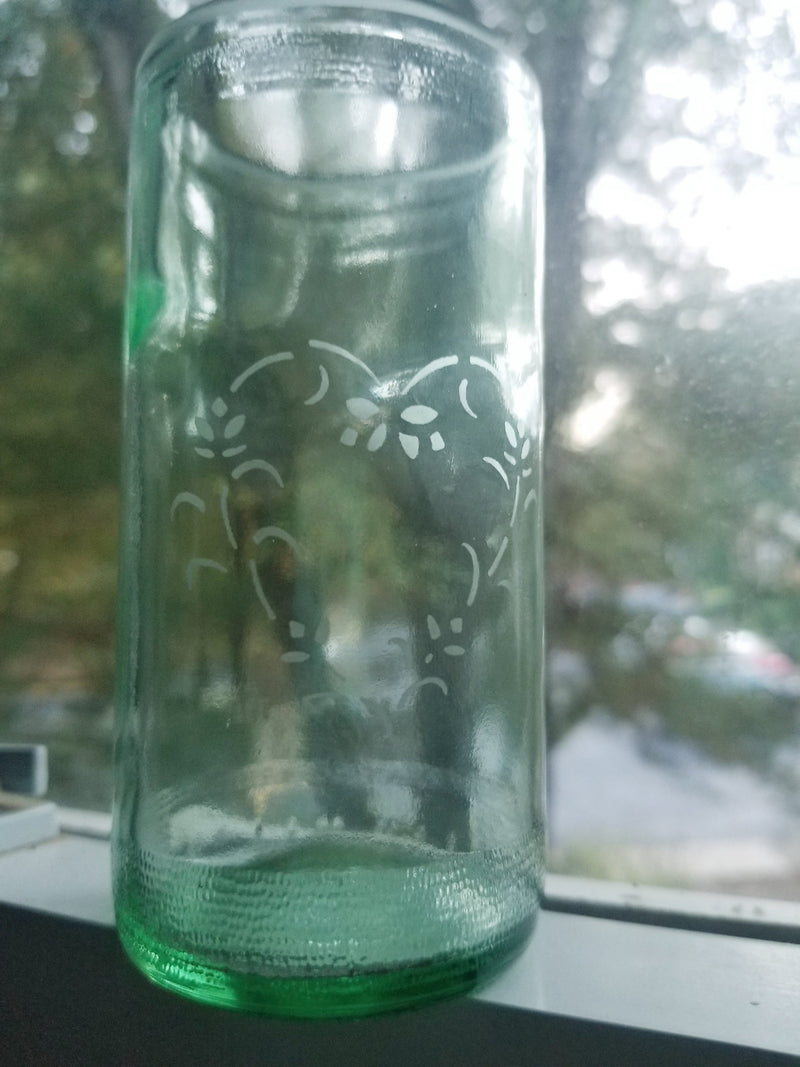 Light green small vase heart etched