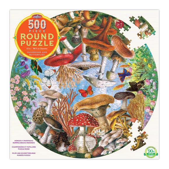 eeBoo Mushrooms & Butterflies 500 Piece Round Puzzle